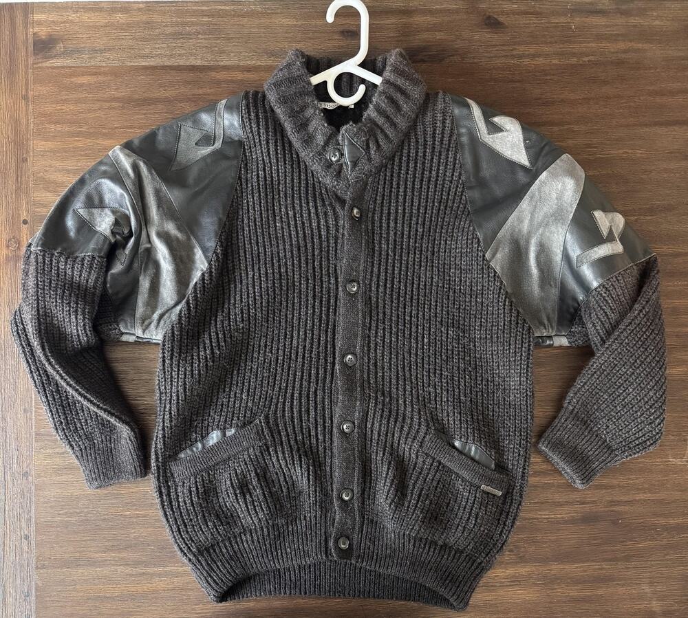 Alpaca Leather Patchwork Cardigan Sweater Mens M/L Brown Italy Made Bizzaro
